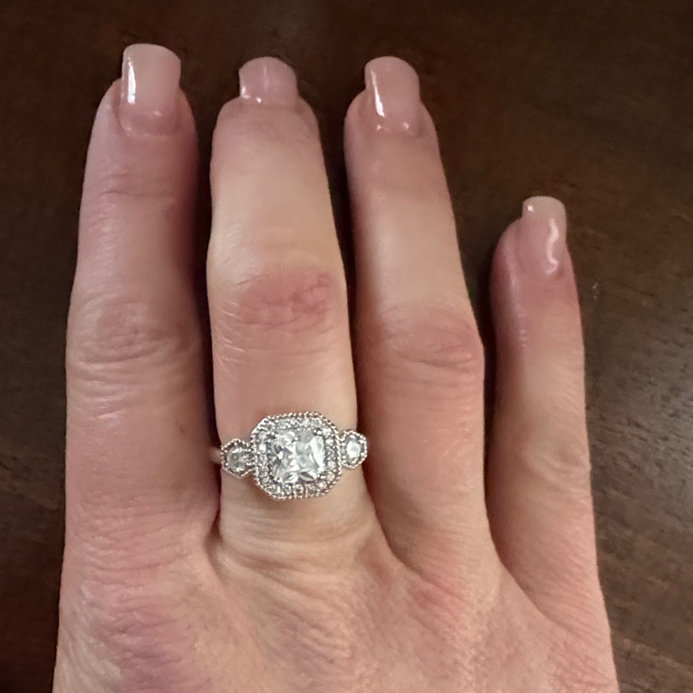 Premier Designs Silver-Tone Cushion Halo Ring with Side Stones - White
